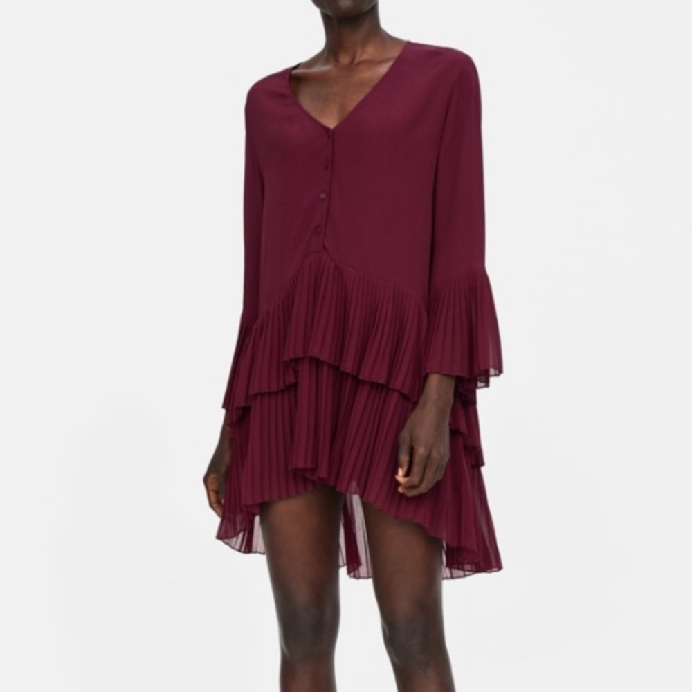 Zara Contrasting Pleated Blouse Burgundy